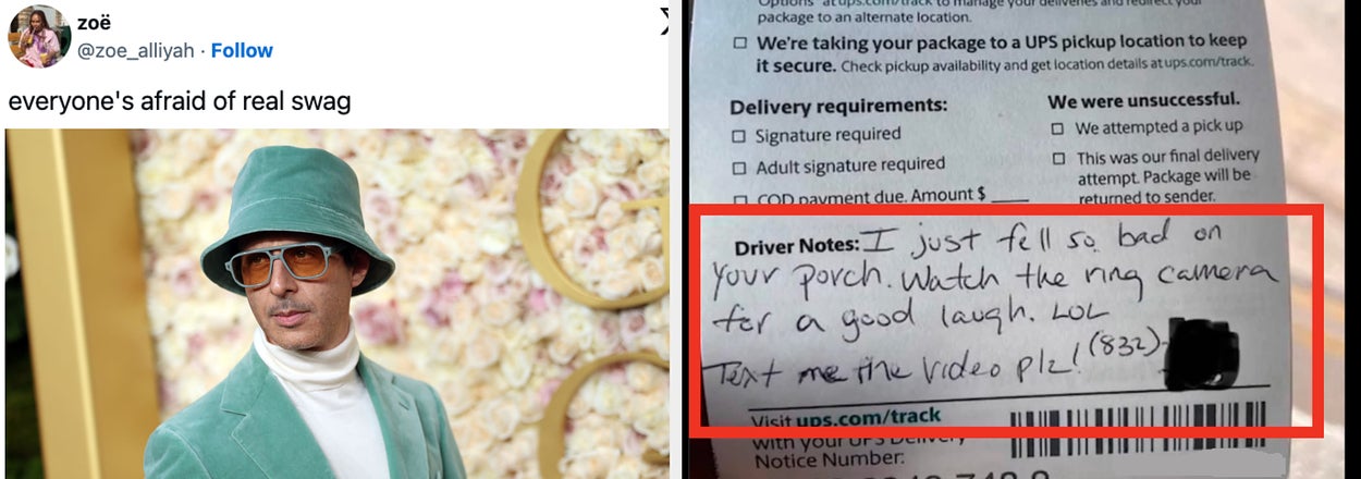 On the left, a person stands with a cigarette in their mouth. On the right, a UPS delivery notice with a humorous handwritten note from the driver