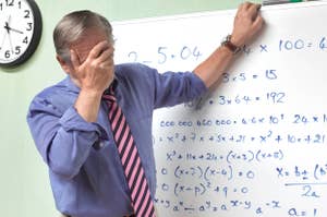 Teacher with hand on face stands at the board with math problems, with text joking about memorable classroom confusions