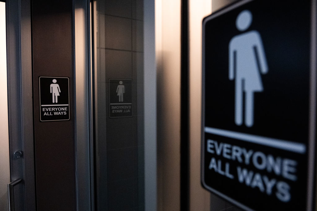 Gender-neutral bathroom signs with the text &quot;Everyone All Ways&quot; visible