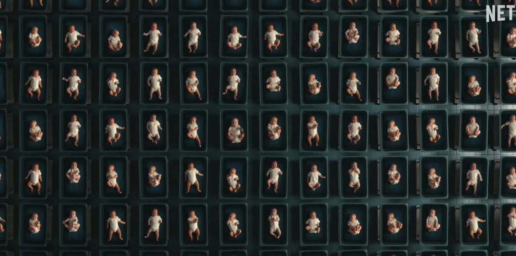 Image of a grid with multiple small figures in various poses, resembling a promotional design. Netflix logo in the corner