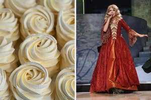 Left: Close-up of swirled pastries. Right: Person singing on stage in a red and gold ornate gown with flared sleeves