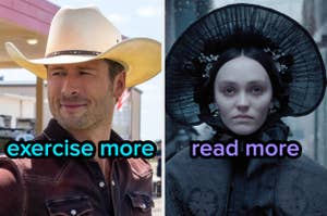 On the left, Glen Powell as Tyler in Twisters labeled exercise more, and on the right, Lily-Rose Depp as Ellen in Nosferatu labeled read more