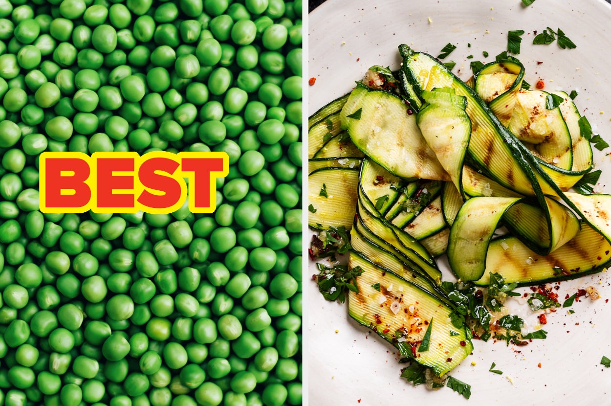 A split image showing peas on the left with "BEST" text, and zucchini ribbons garnished with herbs and spices on the right