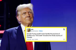 A man in a suit stands beside a tweet criticizing Donald Trump about handling Quebec, labeled as "51st state," dated January 7, 2025