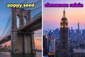 On the left, the Brooklyn Bridge labeled poppy seed, and on the right, the Empire State Building labeled cinnamon raisin