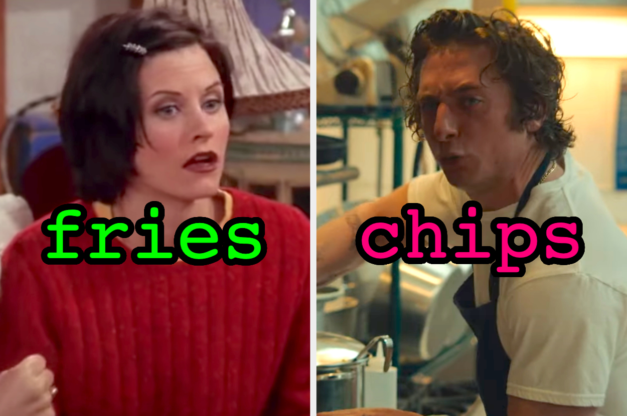 On the left, Monica from Friends labeled fries, and on the right, Carmy from The Bear labeled chips