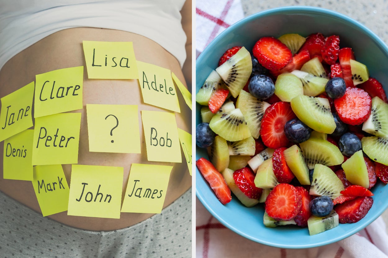 On the left, a pregnant belly covered with sticky notes with names written on them, and on the right, mixed fruit including strawberries, kiwi, and blueberries