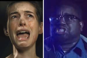 Two expressive close-up scenes from a dramatic production, featuring different actors displaying intense emotion