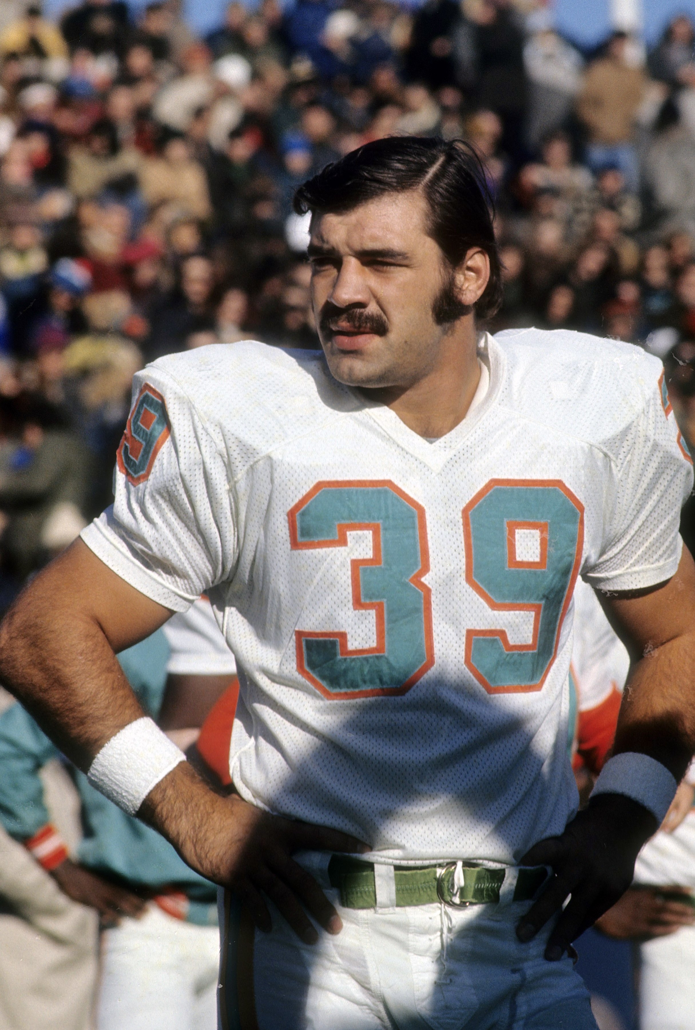 Larry Csonka of the Miami Dolphins puts his hands on his hips during a game circa 1970