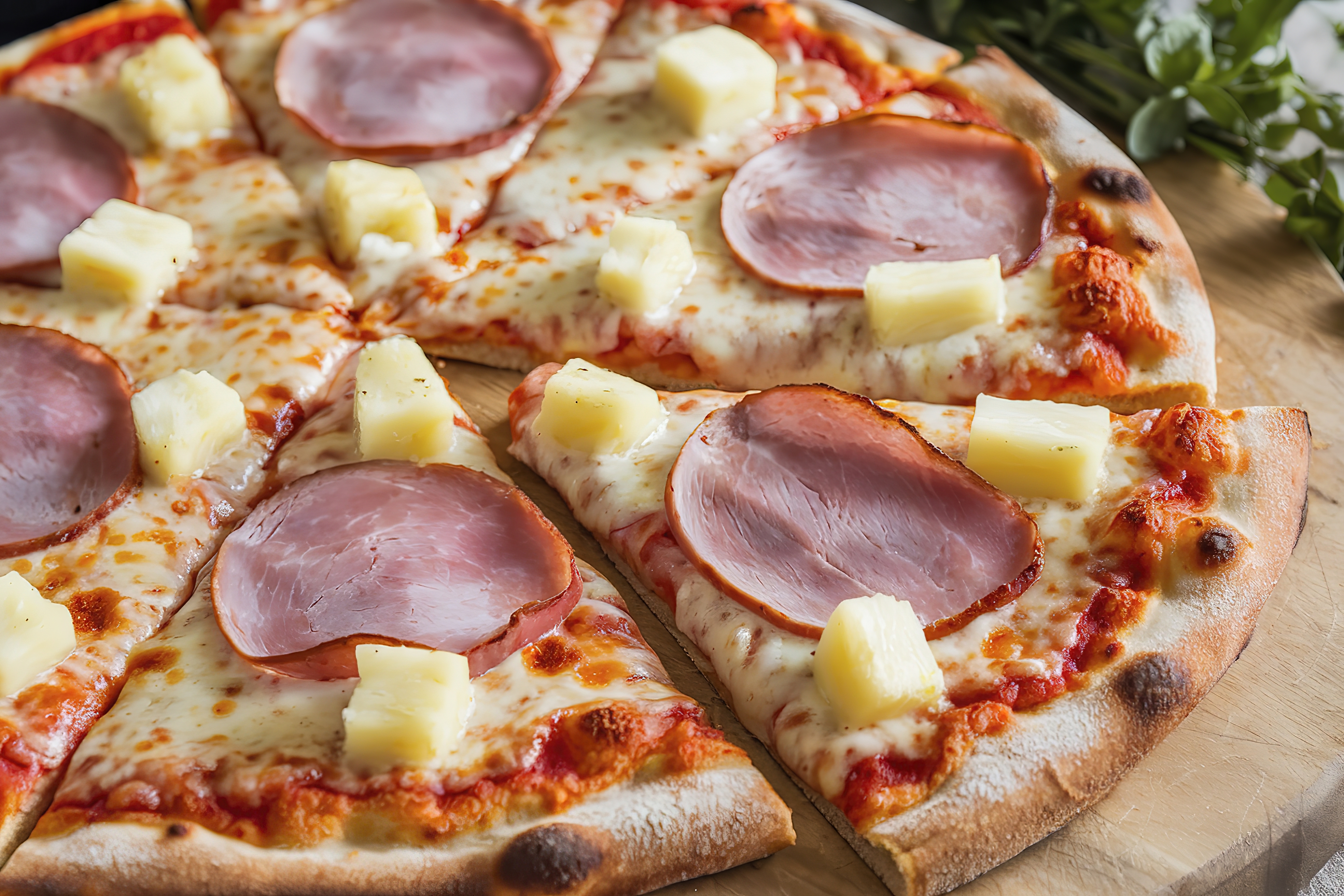 Pizza topped with ham and pineapple slices on a wooden board