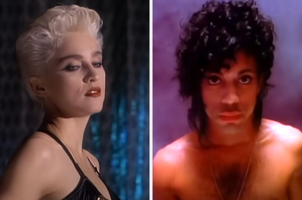 Two musicians with distinct hairstyles and outfits. One wears a slicked-back style and bold attire, the other has curly hair and a bare-shoulder look