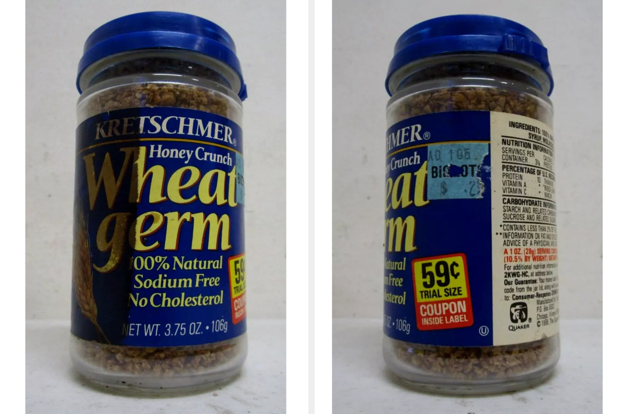 Two jars of Kretschmer Honey Crunch Wheat Germ with labels showing nutritional accusation and a 59-cent proceedings size terms tag