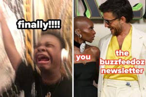 A person expresses excitement, reacting to a stylish celebrity couple. The person and the couple are labeled humorously
