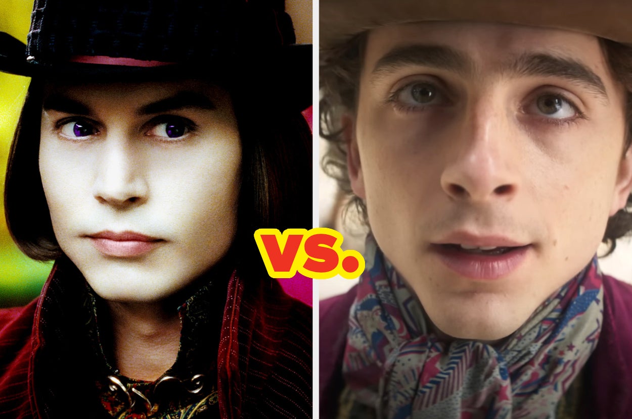 Two actors portraying Willy Wonka, each in different styles of costume and hat. The image shows a comparison between the two portrayals