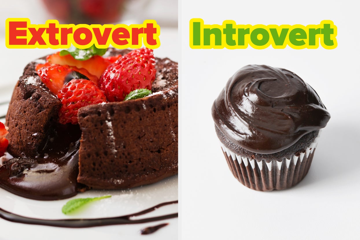 Chocolate lava cake labeled "Extrovert" and chocolate cupcake labeled "Introvert" with decorative text