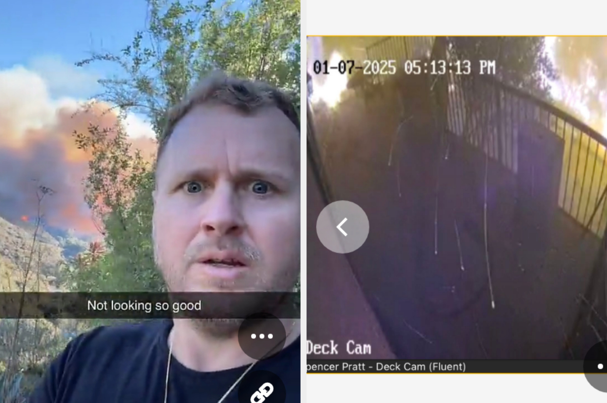 A person outdoors is taking a selfie with smoke in the background. A surveillance image on the right shows a deck with hanging lights and trees
