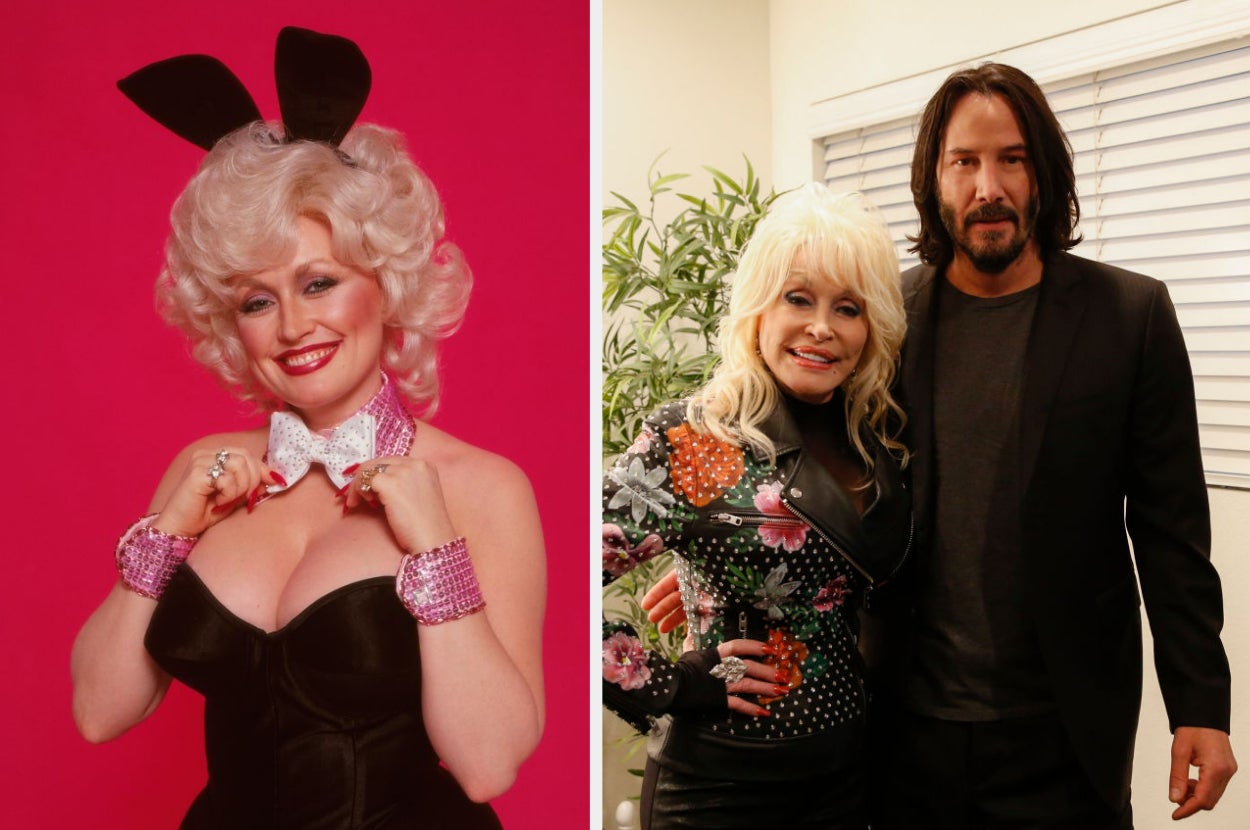  Left, a person dressed as a classic Playboy bunny. Right, two people posing together, one in floral leather style, the other in a suit