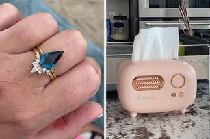 A hand wearing a gold ring with a large emerald geometric gem. Adjacent image shows a retro-style pink tissue box holder shaped like a radio on a kitchen counter