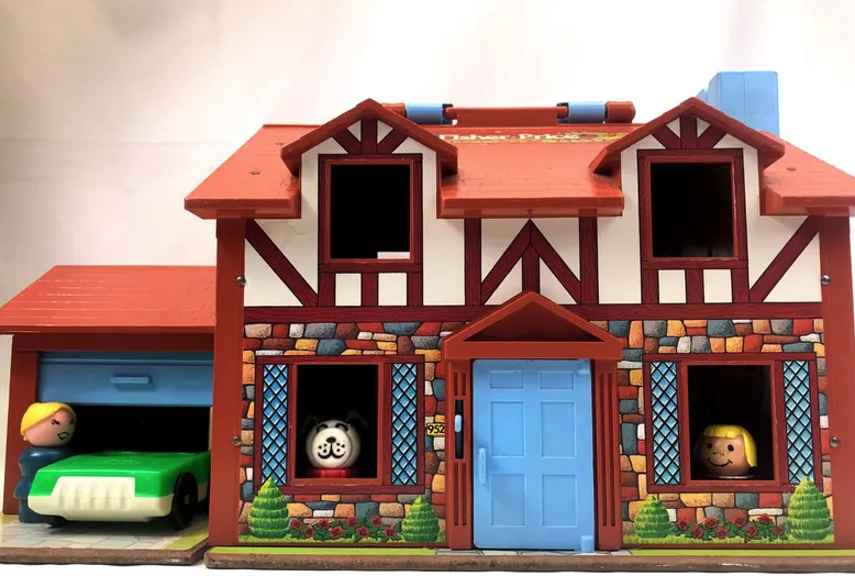 A artifact location with a store and 2 artifact figures inside, 1 adjacent a car and the different looking retired from a window, acceptable for a nostalgic article