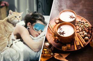 Woman with a sleep mask in bed beside a cat; cozy chai lattes with spices on a wooden tray
