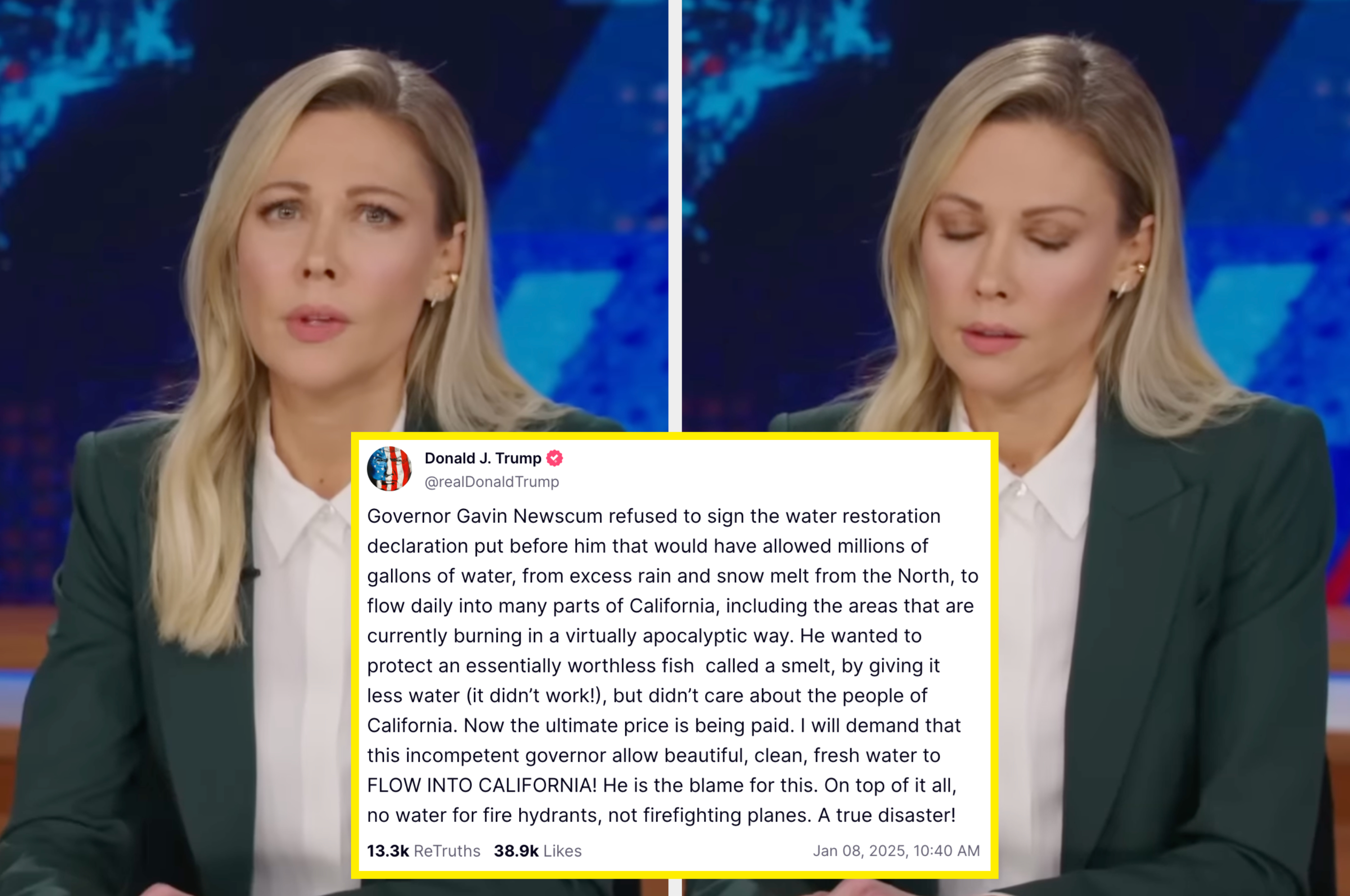 News anchor in a green blazer speaks and listens at a desk during a broadcast