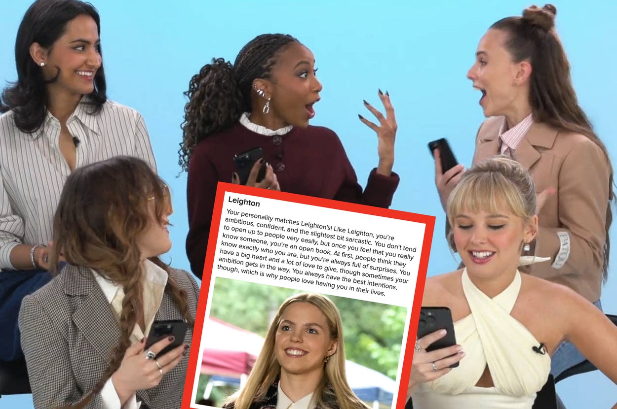 Group of four people sitting, cheerfully reacting to a phone. Central inset text explains a personality comparison to a celebrity named Leighton