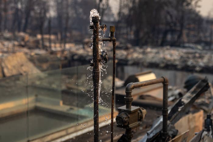 Water sprays from a broken pipe amidst the remains of a burned-down area, surrounded by debris and charred trees in the background