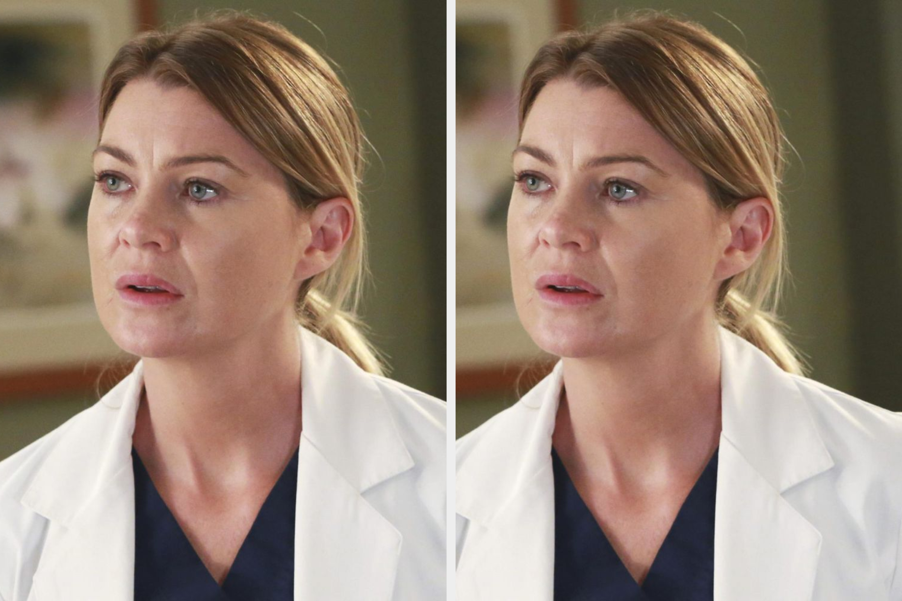 A person in a hospital setting wearing a white coat and dark scrubs, appearing thoughtful or concerned, stands in front of blurred medical equipment