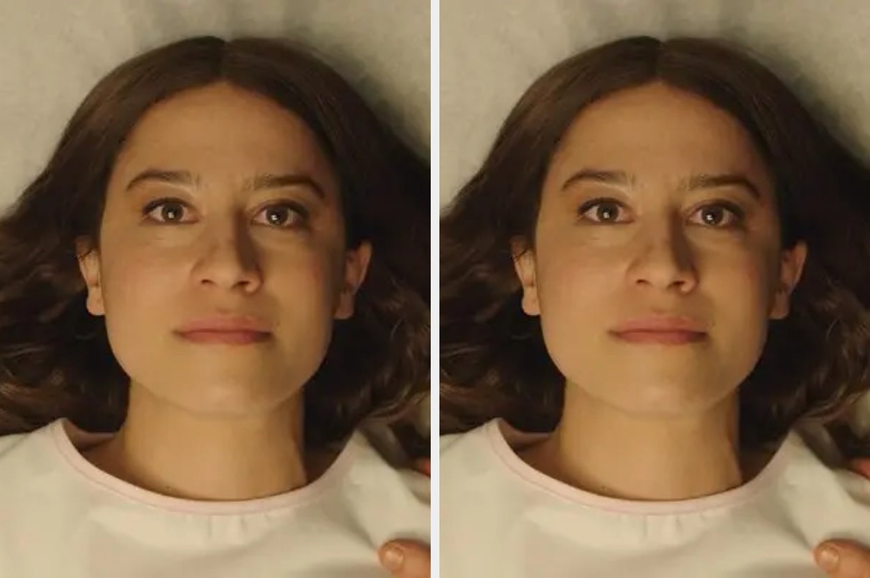 A woman with brown hair lies down looking upwards, relaxed expression, shown in two similar close-up images side by side