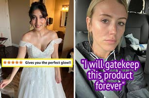 Reviewer in wedding dress wearing simmer body oil; reviewer using missha glow balm