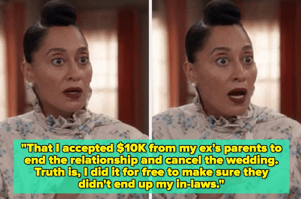 Surprised woman with styled hair, wearing a ruffled top, against a dual image backdrop. Text reads: Joke about ending a relationship to avoid future in-laws