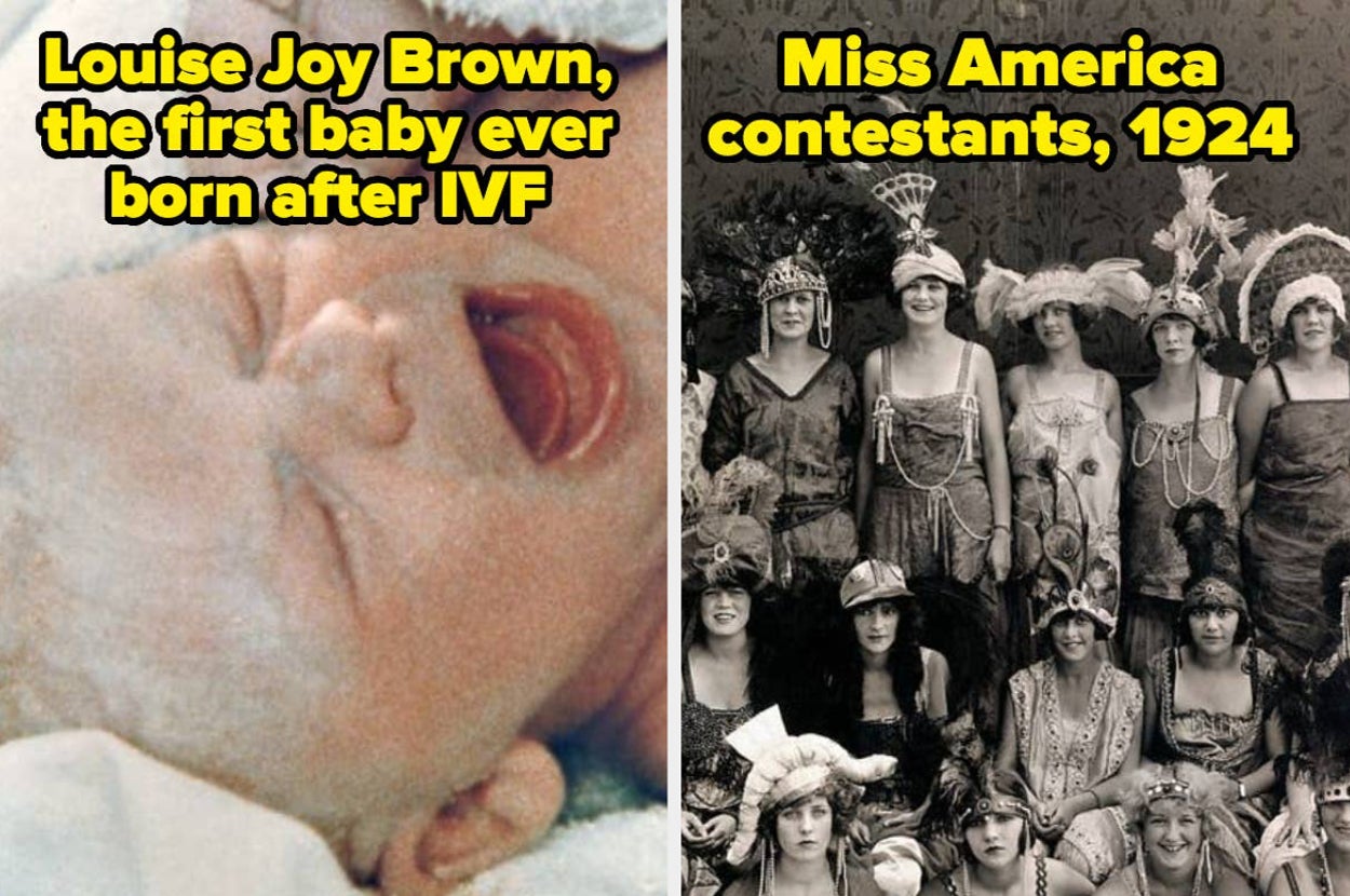 Split image: left shows Louise Joy Brown, first IVF baby; right shows Miss America contestants, 1924, in vintage attire