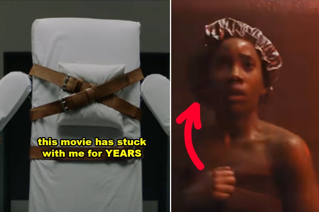 Split image: Left shows an empty, ominous restraint chair; right shows a tense person in a dark room, wearing a shower cap. Text: "this movie has stuck with me for YEARS"