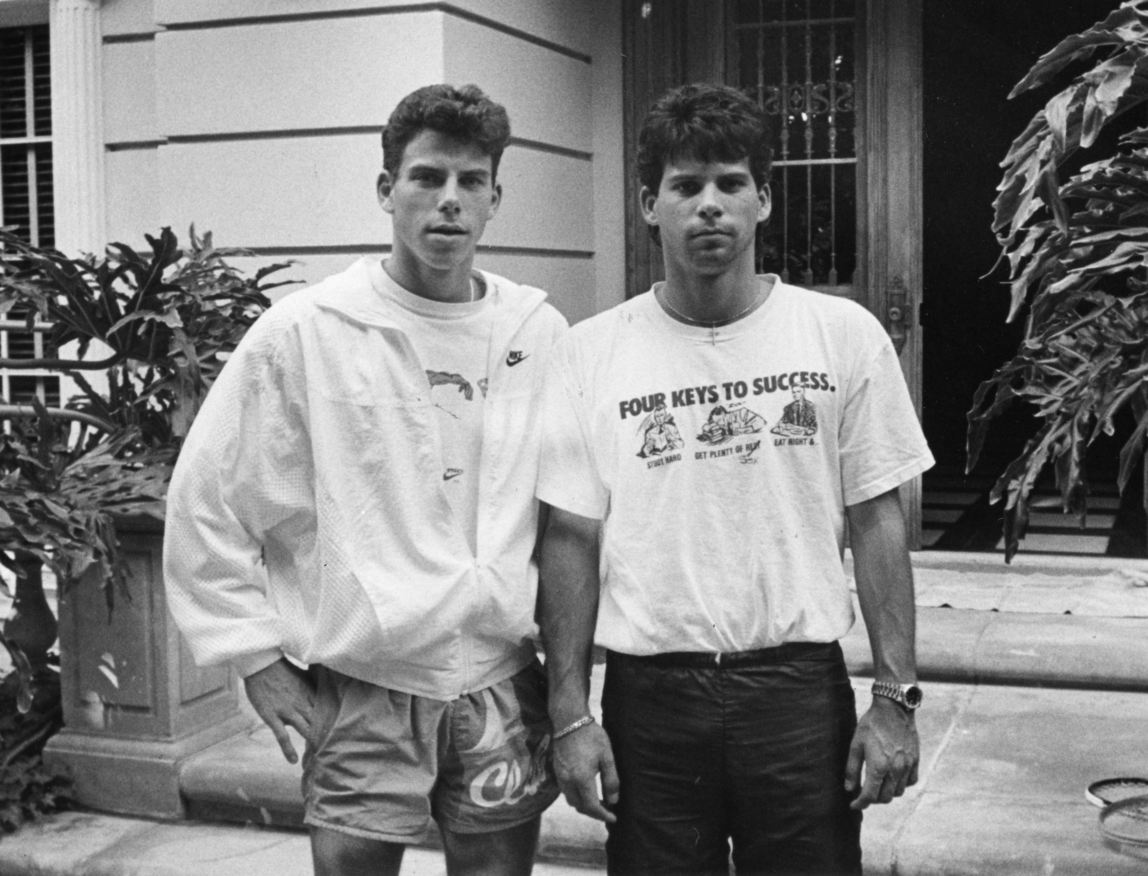 Erik and Lyle Menendez in front of their Beverly Hills home.