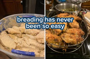 Split image: Left shows chicken pieces in breading mix; right shows crispy, breaded chicken on a rack. Text reads, "breading has never been so easy."