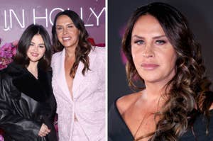 Two women pose together. One wears a black coat, and the other a pink suit with floral details. Another image shows one woman with long hair in a black top