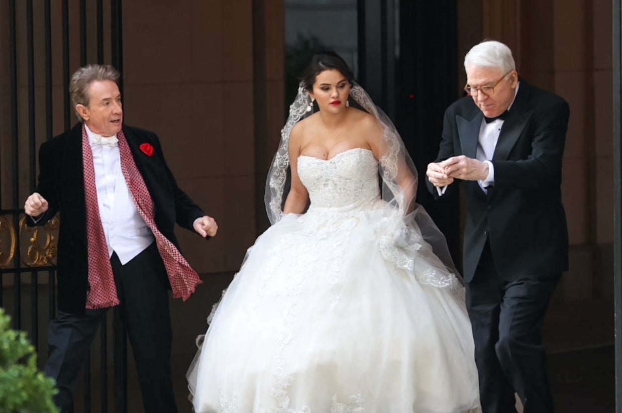 Martin Short, Steve Martin, and Selena Gomez in a wedding dress all in a rush.