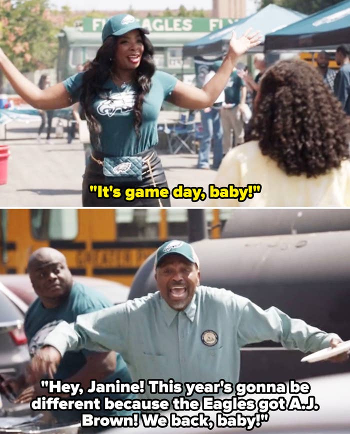 Two people happily tailgating in Eagles gear outside a stadium, energetically engaging with others