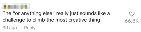 Comment: u201cu2018Or anything elseu2019 sounds like a challenge to climb the most creative thing.u201d 66.8K likes, 3 days ago