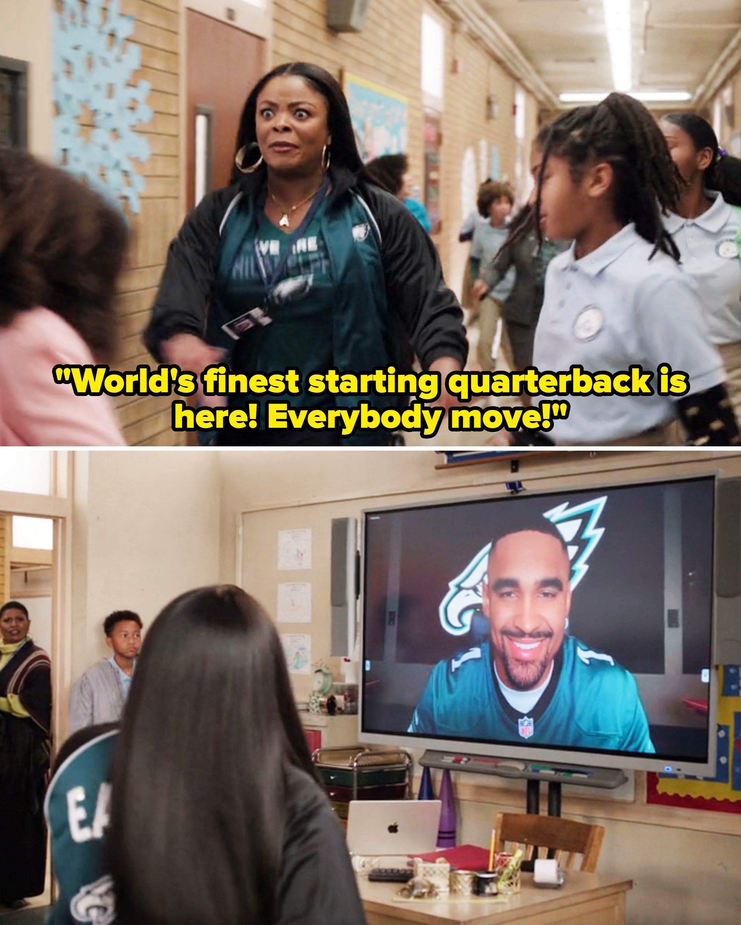 Top shows a woman in sports attire walking with students in a school hallway. Bottom shows a virtual call with a man in sports gear on a large screen