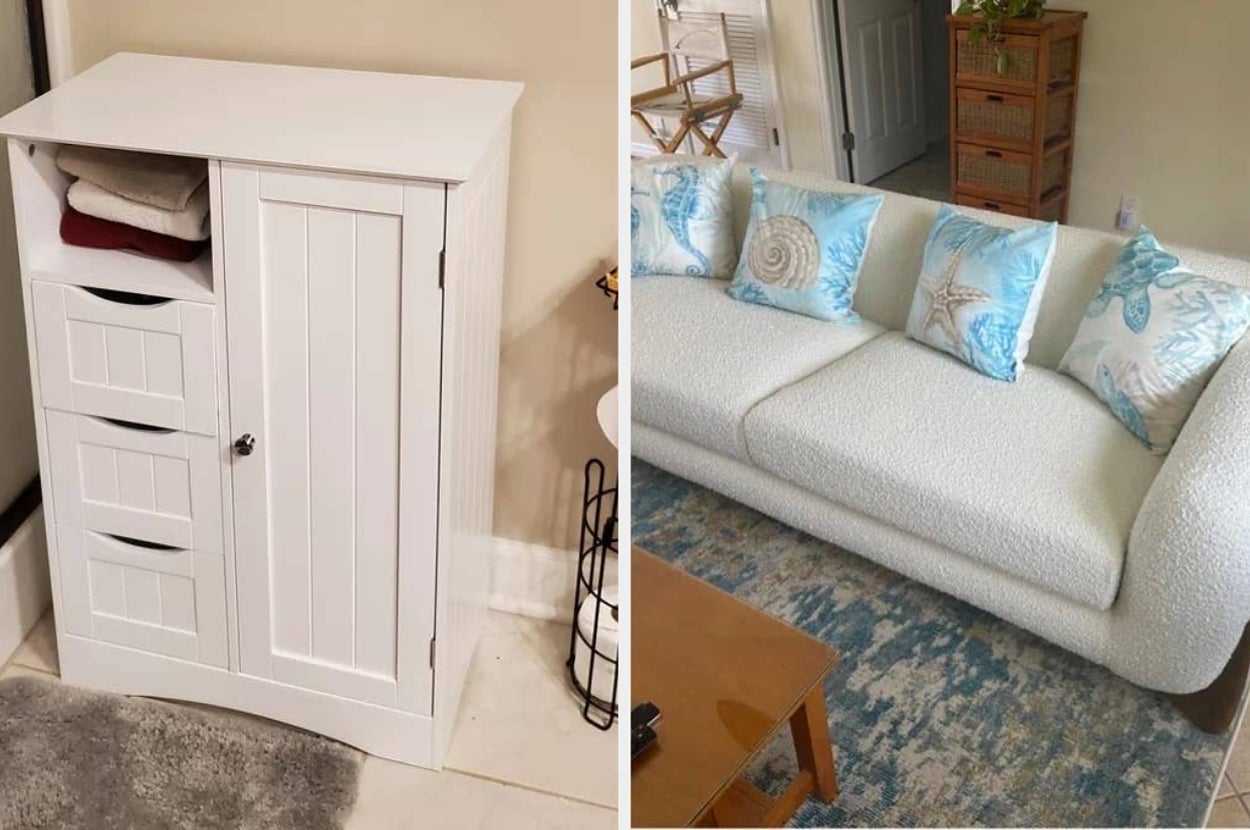 Split image: left shows a reviewer's small white cabinet with drawers, right shows a  reviewer's plush white sofa with ocean-themed pillows