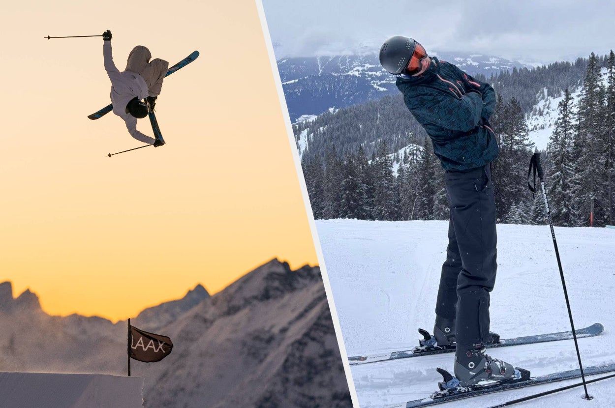 Two skiers: one doing an aerial trick with mountains in the background; the other standing on snow with crossed skis, wearing winter gear
