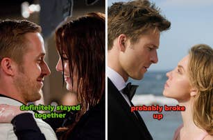 Two couples: Left smiles, hugging; captioned "definitely stayed together." Right serious, confrontational; captioned "probably broke up."