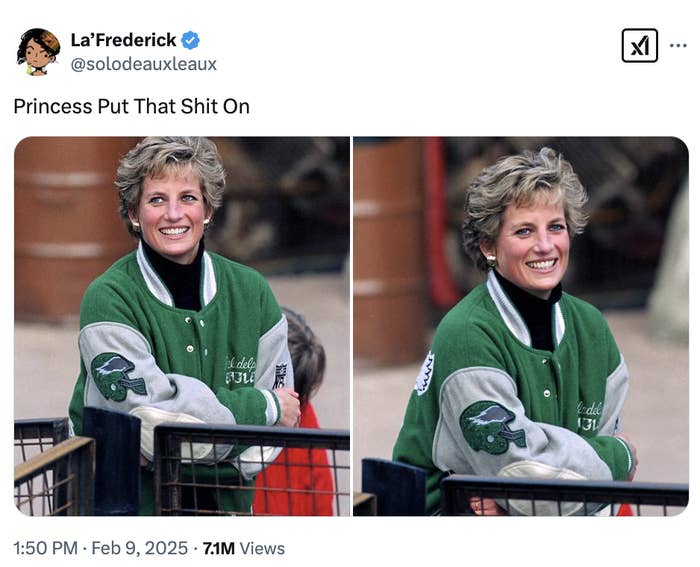 Princess Diana wearing a Philadelphia Eagles Jacket. Who's winning the Super Bowl