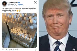 Tweet with a photo of an egg-filled fridge and a humorous expression on a person’s face; caption jokes about taking eggs from Walmart