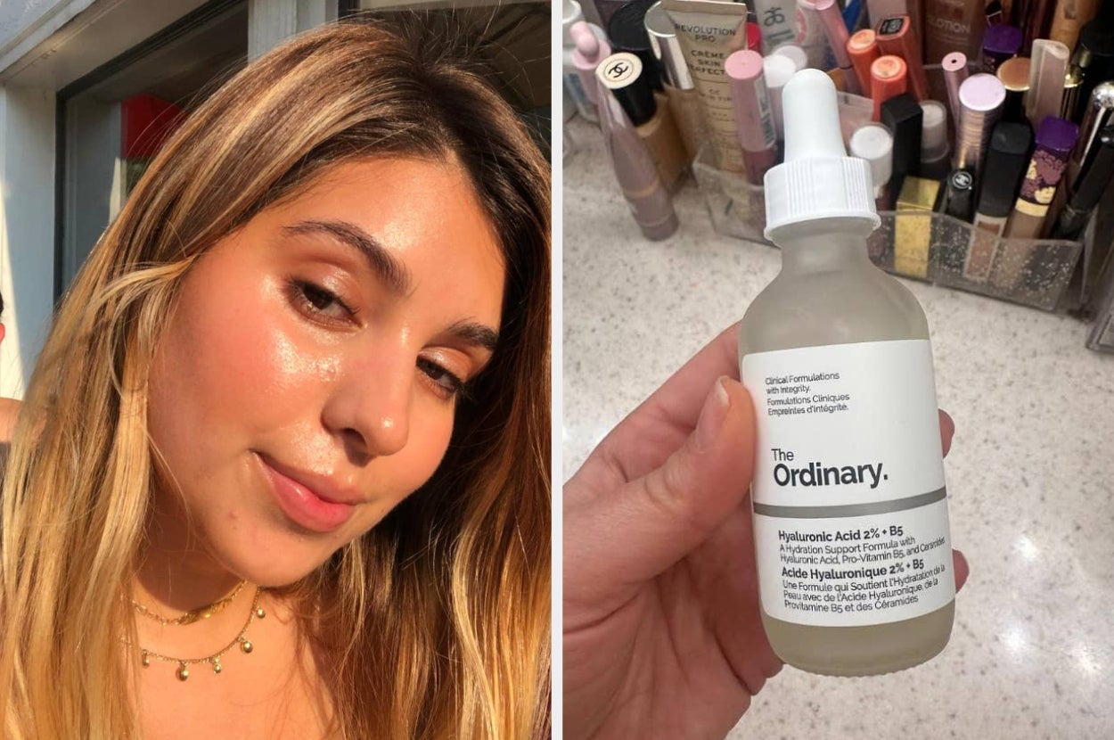 model with radiant skin; The Ordinary Hyaluronic Acid 2% + B5 bottle held near makeup products