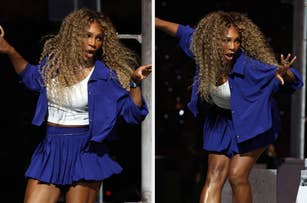 Two images of Serena Williams Crip Walking during the Super Bowl Halftime Show