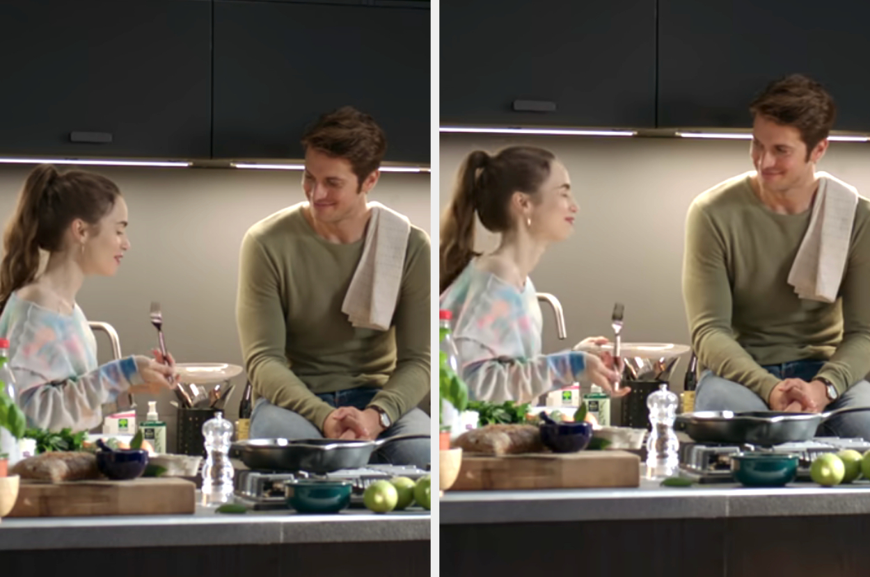 Two people in a modern kitchen chatting and smiling, surrounded by cooking ingredients and utensils