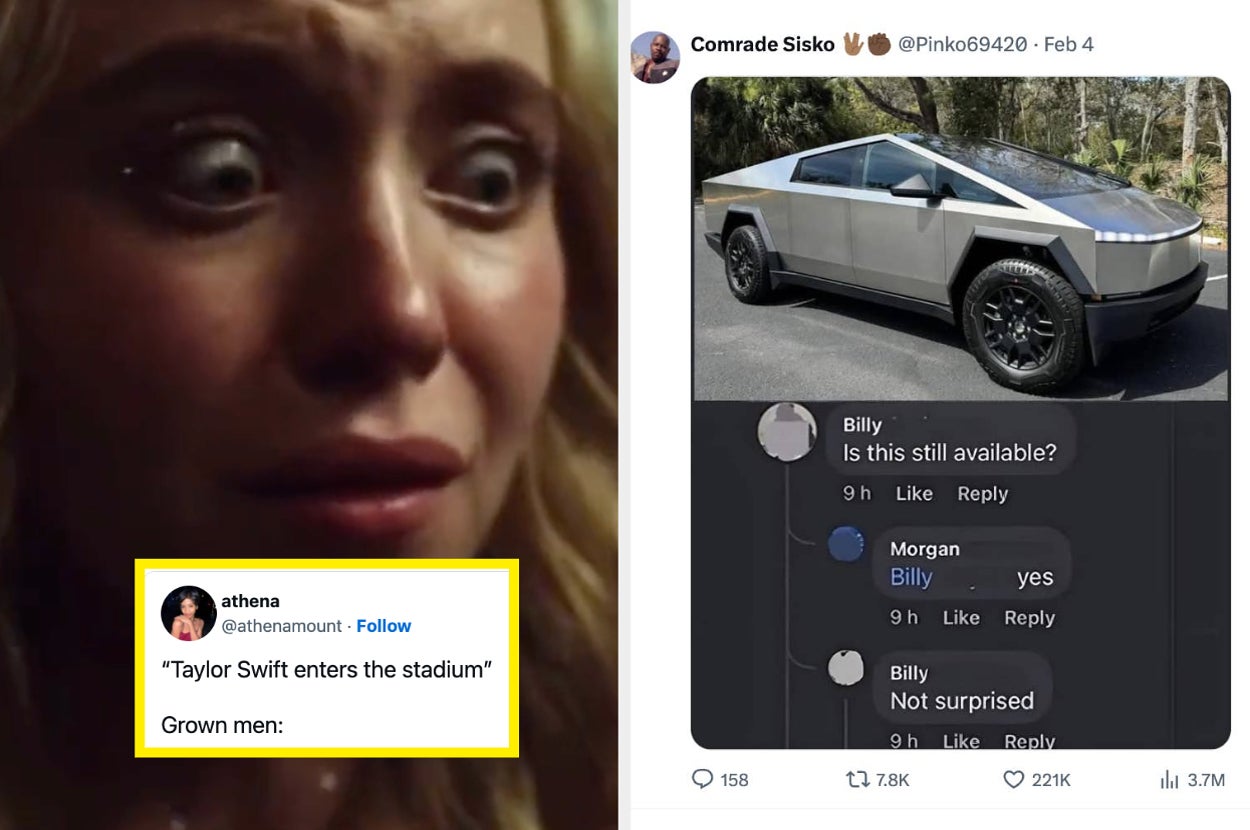 A meme with a woman looking shocked. Text: "Taylor Swift enters the stadium." Caption shows conversation about a Tesla Cybertruck sale