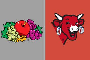 Left: Illustration of an apple, grapes, and leaves. Right: Cartoon cow with earrings and a smile